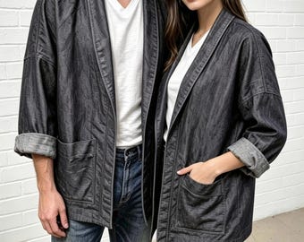 Minimalist Indigo Denim Jacket, Unisex Shawl Collar, 100% Cotton, Soft Prewashed Denim Blazer