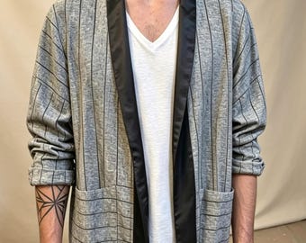 Men's Salt & Pepper Pinstripe Linen Kimono Jacket, Minimalist Shacket with Pockets