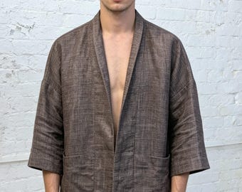 Men's Walnut Linen Haori Jacket, European Mid/Heavy Weight, 3/4 or Full Sleeves