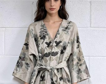Japanische abstrakte Blumenleinenjacke, künstlerische Cover-Up-Strickjacke