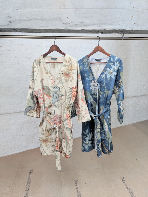 Linen Dressing Robe, Bohemian washed Linen cover-up, Linen printed Kimono, Linen cardigan, Summer gown, Holiday cover-up, gift for her.