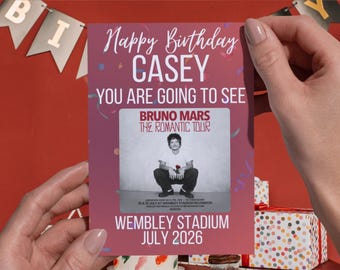 Bruno Mars Concert Ticket Birthday Card Personalised, The Romantic Tour, Personalised Bday Card, Ticket Keepsake, Gig Reveal Card