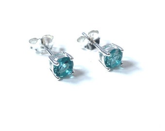 4mm Tiny Aqua Blue Aquamarine Gemstone Stud Earrings in Sterling Silver March Birthstone 