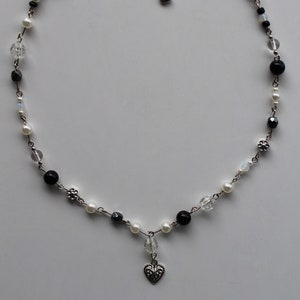 Black Heart Charm Necklace - adjustable mismatch black beaded necklace with silver heart charm