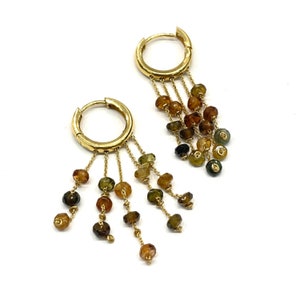 Gold dangling  earrings with tourmaline in 14k yellow gold