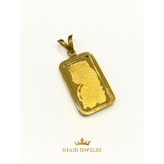 24K, 5g PAMP Gold Bar Pendant With 18K Gold Frame Handmade in