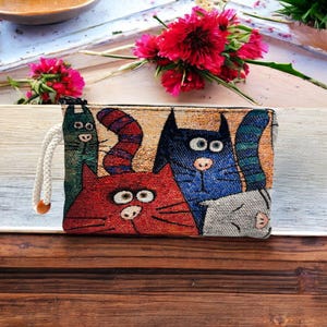 Carteira com padrão de gato de tapeçaria autêntica