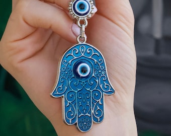 Handgemachter 2er Pack rot und blau Evil Eye Schlüsselanhänger Hamsa for Good Luck Charm
