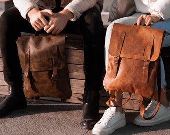 Handmade, Unisex, Genuine Leather, Laptop Backpack, Vintage Bag, Dark Brown & Light Brown