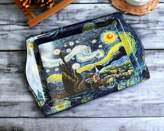 Tea Coffee Trays / Turkish, Mediterranean, Gift for Her, Cat, gift Van Gogh