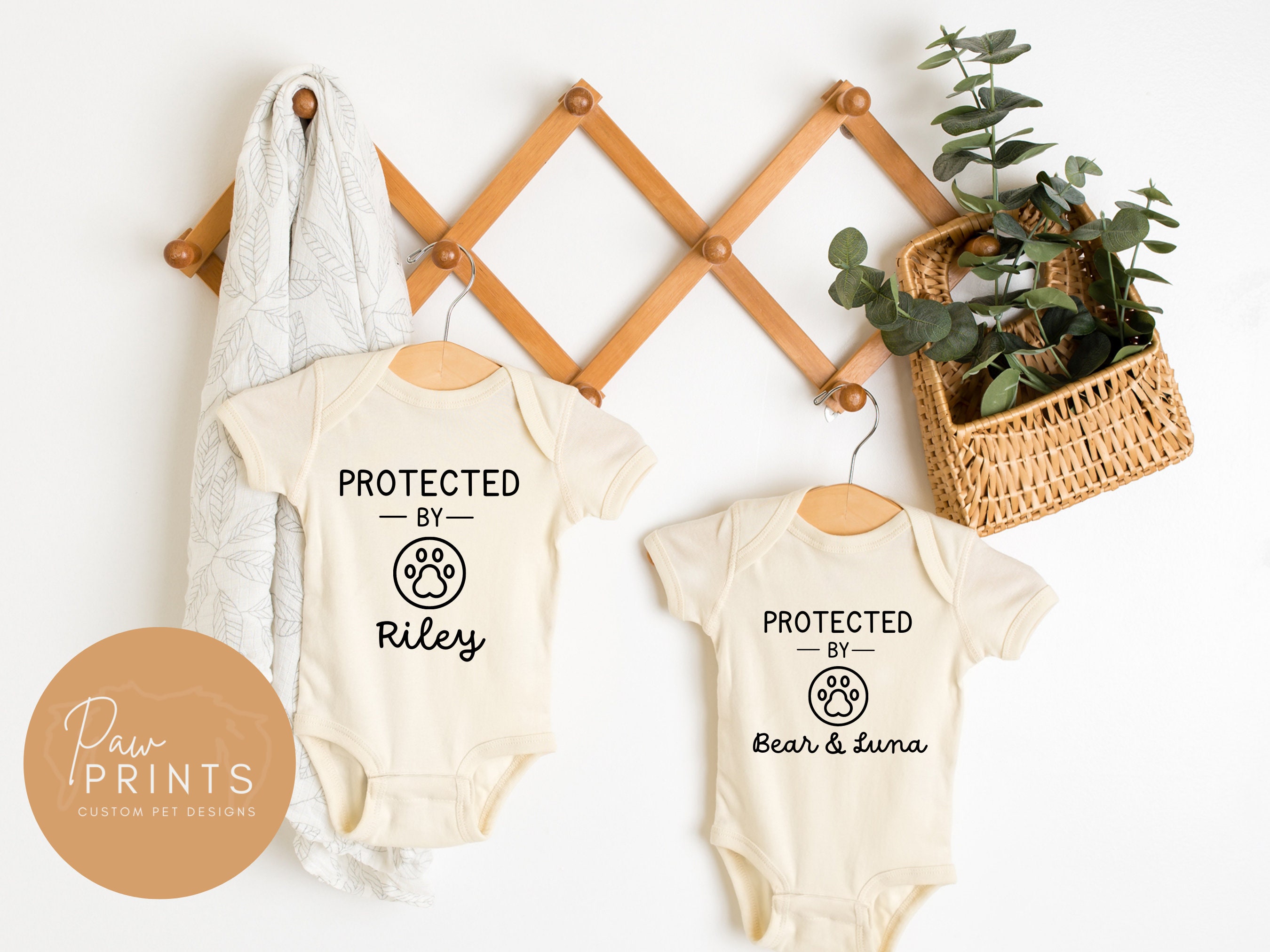 Dog Baby Onesie, Custom Dog Name, Protected By Design, Personalized