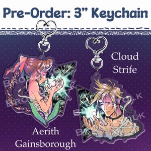 May include: Two 3-inch keychains featuring anime-style illustrations of Aerith Gainsborough and Cloud Strife. Aerith has long brown hair with a pink bow, and Cloud has spiky blonde hair. Both characters are holding glowing orbs. The keychains have silver heart-shaped clasps.