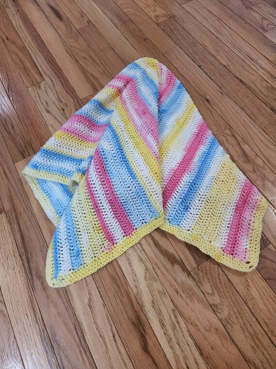 Blue Pink and Yellow Crocheted Baby Blanket Etsy