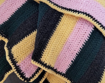 Green, Black, Yellow, and Pink Striped Crocheted Afghan