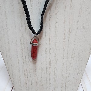 Black Hemp Necklace with Red Marble Crystal Pendant