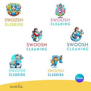 Logotipos de servicios de limpieza personalizados, Canva: 6 diseños de logotipos editables para personal de limpieza, logotipos para empresas de limpieza residencial y comerciales.