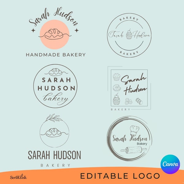 Custom Bakery Logo, Canva 6 Editable Cake Shop Logos, Modern Bakery Logo, Cupcake Logo Dessert Bread Shop Logo, Premade Baker Business Logo