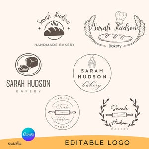 May include: A collection of 6 different logo designs for a bakery called "Sarah Hudson Bakery". The logos feature various bakery-related imagery, such as bread, a rolling pin, a chef's hat, and a cupcake. The logos are all in a minimalist style with black and white colours.