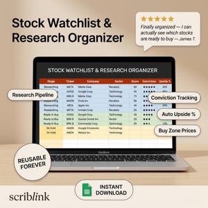 May include: A laptop displays a stock watchlist and research organizer. The screen shows a table with columns for stage, ticker, company, sector, score, conviction, and upside. Text includes "Research Pipeline," "Conviction Tracking," and "Instant Download."