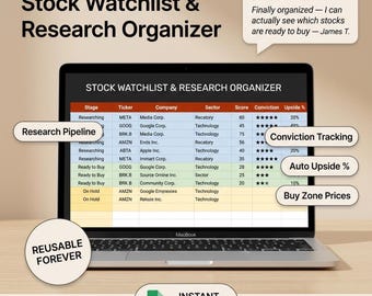 Stock Watchlist Tracker Google Sheets | Value Investing Research Organizer | Stock Investing Template | Buy Zone Upside Fundamental Analysis