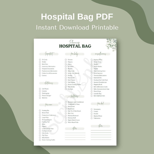 Hospital Bag Checklist PDF Printable, Mom Dad Baby Hospital List PDF, Birth Preparation, Pregnancy Planner Checklist Instant Download