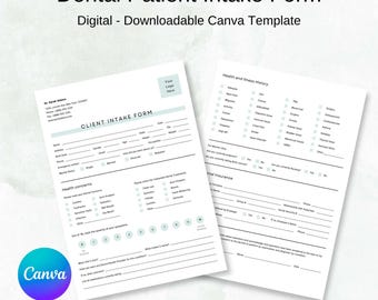 Dental Patient Intake Form Canva Template, Downloadable Dental Clinic History Form, Personalized Dentist Office Intake Forms