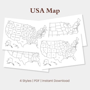 Carte des États-Unis 4 styles, coloriage, marqueur d'état, marqueur de voyage, plan de roadtrip, carte des États-Unis pour étude, imprimable, téléchargement immédiat, PDF