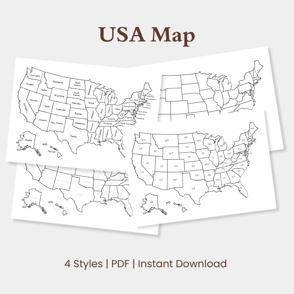 USA Map 4 Styles, Coloring, State Marker, Travel Marker, Roadtrip Plan, United States Map for Study, Printable, Instant Download, PDF