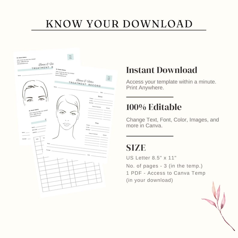 Pu&ograve; includere: Un download digitale con modelli stampabili di registro di trattamento. Il design include disegni a tratto di volti, con spazio per note e dettagli. Il testo include "Know Your Download", "Instant Download" e "100% Editable". Formato US Letter 21,6 cm x 27,9 cm.