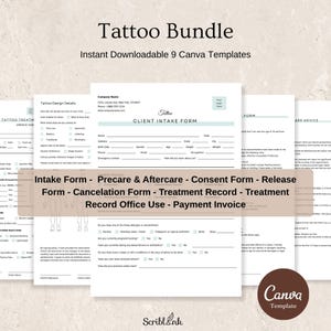 Könnte beinhalten: Ein Bundle ausdruckbarer Tattoo-Formulare, darunter Aufnahme-, Einverständnis- und Nachsorgedokumente. Die Formulare sind als Canva-Vorlagen konzipiert, mit einem klaren, minimalistischen Design. Der Titel "Tattoo Bundle" ist oben angezeigt.