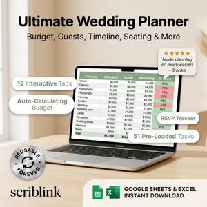 May include: A laptop displaying a wedding budget planner spreadsheet. The screen shows categories like Venue, Catering, and Photography, with estimated and actual costs. Features include interactive tabs, auto-calculating budget, and an RSVP tracker. The image also includes the text "Ultimate Wedding Planner".