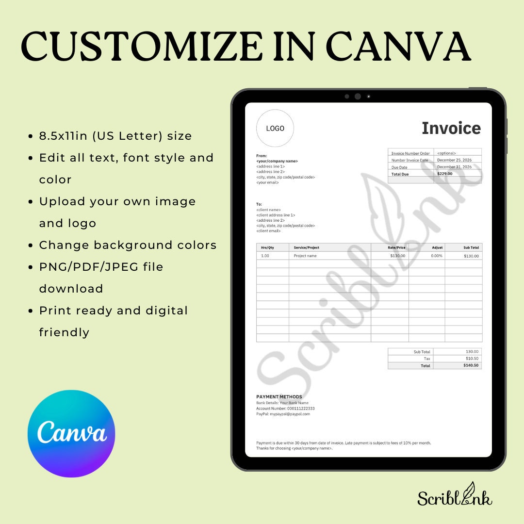Editable Invoice Template: Custom Order Form Design (digital Download ...