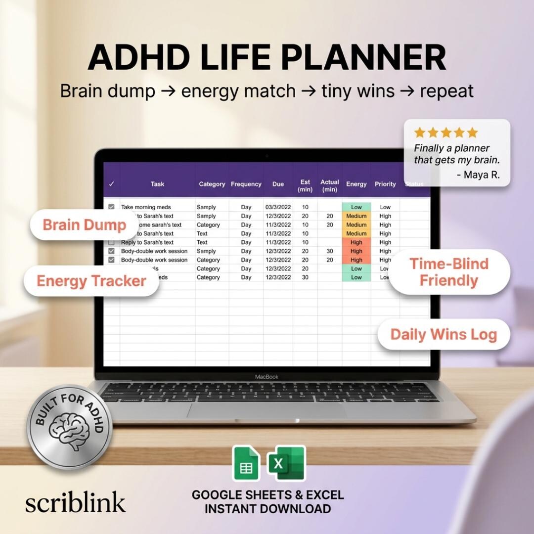 ADHD Life Planner | Google Sheets & Excel | Brain Dump Tasks Energy ...