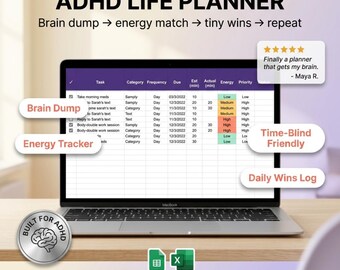 ADHD Life Planner | Google Sheets & Excel | Brain Dump Tasks Energy Habits Wins Goals | Time Blindness | Streak Tracker | Instant