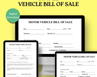 Printable Vehicle Bill of Sale, Editable Car, Truck, Bike Bill of Sale, Auto Sale Agreement, Digital Download, For Sale by Owner Template
