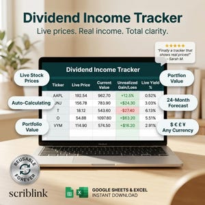 Puede incluir: Una computadora portátil muestra un "Dividend Income Tracker" con datos financieros, incluyendo precios en vivo y ganancias/pérdidas. El texto "Live prices. Real income. Total clarity" se muestra encima del rastreador.