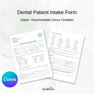 Dental New Patient Form Canva Template, Downloadable Dental Clinic History Form, Personalized Dentist Office Intake Forms Dental Office