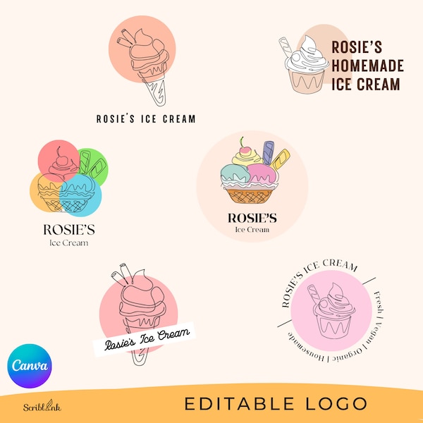 Custom Ice Cream Shop Logo, Canva 6 Editable Ice Cream Logo, Ice Cream Parlor Ice Cream Store Logo, Ice Cream Cartoon Sign Logo Design Ideas