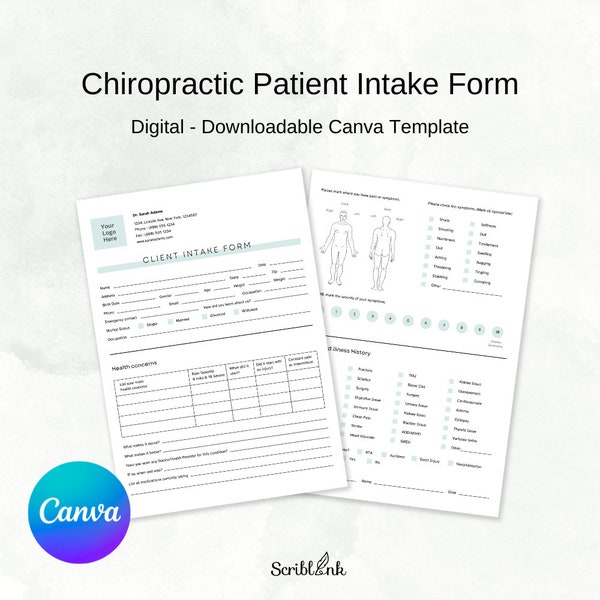 Chiropractic New Patient Information/ History/ PDF Canva Template Downloadable, Chiropractor Personalize Patient Form, Chiropractor Office