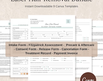 Laser Hair Removal Forms, Esthetician Med Spa Intake Forms, Consultation Form, Aftercare Cards