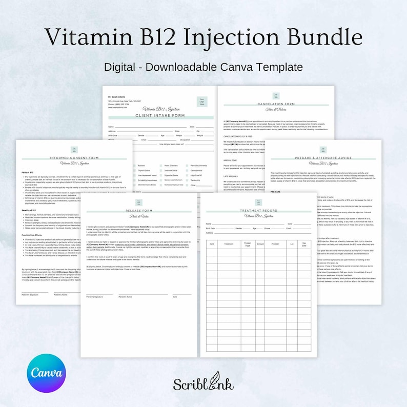 Vitamin B12 Injection Bundle Canva Template, Consent, Intake ...