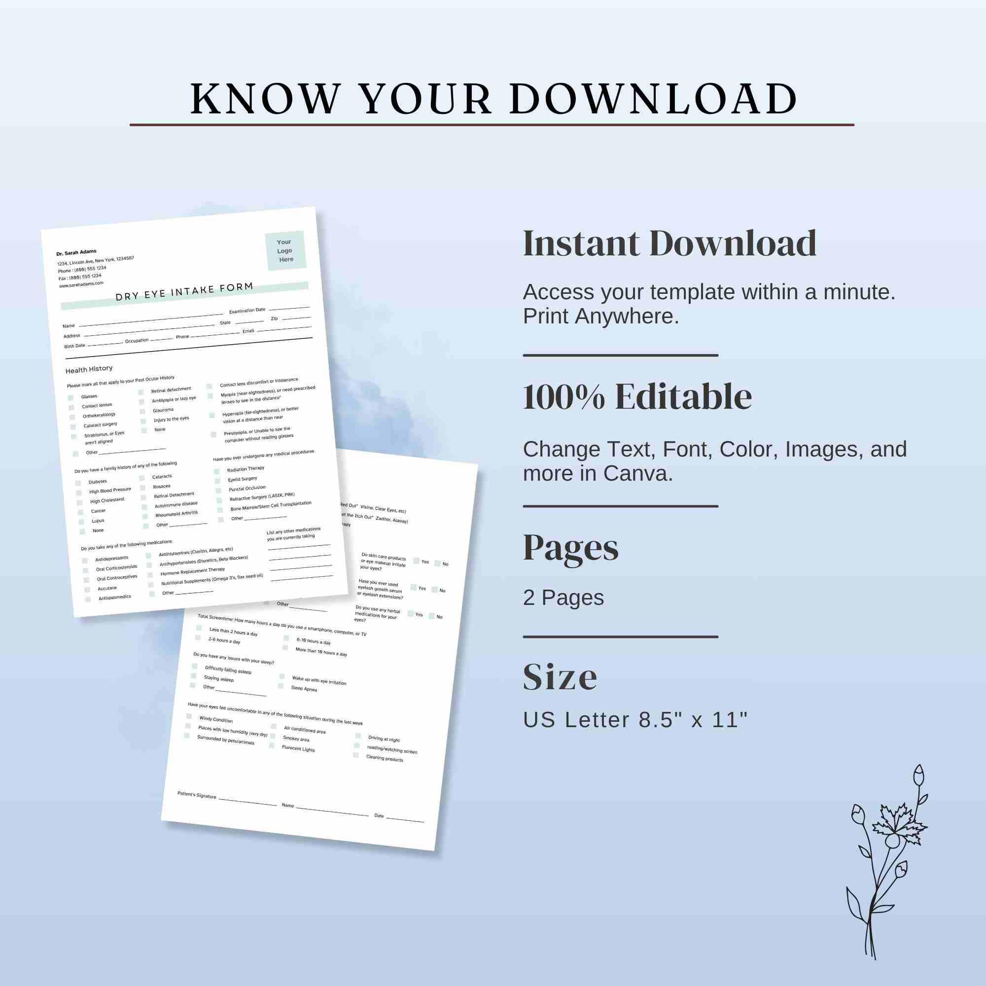 Dry Eye Intake Form Printable – Optometry Patient Form, Eye Clinic ...