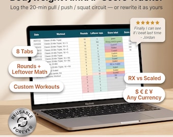 AMRAP Workout Tracker | Bodyweight Score Log Spreadsheet | 20 Min Pull Push Squat Circuit | Google Sheets Excel Instant Download | Reusable