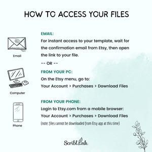 Pu&ograve; includere: Un grafico informativo con il titolo "HOW TO ACCESS YOUR FILES". Fornisce istruzioni per l'accesso ai file tramite e-mail, computer e telefono, con illustrazioni corrispondenti di una busta, un computer e uno smartphone.