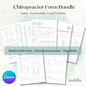Op de afbeelding: Een bundel afdrukbare chiropractische formulieren, waaronder patiëntopname, lichamelijk onderzoek en SOAP-notities. De formulieren zijn in zwart-wit met een lichtblauwe accentkleur en zijn gelabeld met "Chiropractor Form Bundle". Het Canva-logo is zichtbaar.