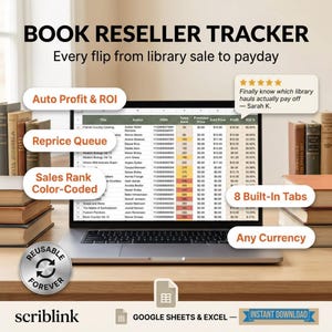 Könnte beinhalten: Ein Laptop zeigt eine Tabelle mit dem Titel "Book Reseller Tracker" mit Daten und Funktionen wie "Auto Profit & ROI" und "Sales Rank Color-Coded". Das Bild enthält den Text: "Every flip from library sale to payday". Es zeigt auch "8 Built-In Tabs" und "Any Currency".