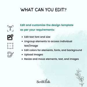 Pu&ograve; includere: Immagine con il testo "WHAT CAN YOU EDIT?" e un elenco di opzioni di modifica. Include icone per testo, immagini e regolazioni del colore. Il logo ScriblInk &egrave; in basso.