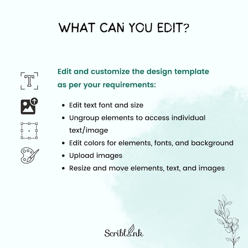 Pu&ograve; includere: Immagine con il testo "WHAT CAN YOU EDIT?" e un elenco di opzioni di modifica. Include icone per testo, immagini e regolazioni del colore. Il logo ScriblInk &egrave; in basso.