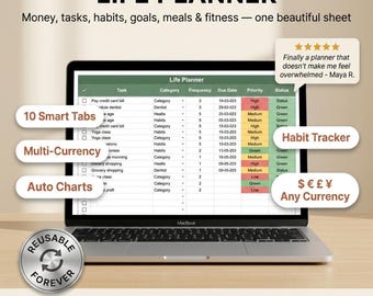 Life Planner Spreadsheet | Budget Tracker, Habit Goal Tracker, Daily Planner, Task To Do List | Google Sheets & Excel | Instant Download