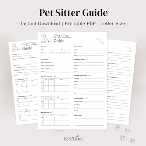 May include: A printable Pet Sitter Guide in Letter Size, with a minimalist design. The guide includes sections for pet details, emergency contacts, and daily care instructions. The text "Pet Sitter Guide" is prominently displayed.